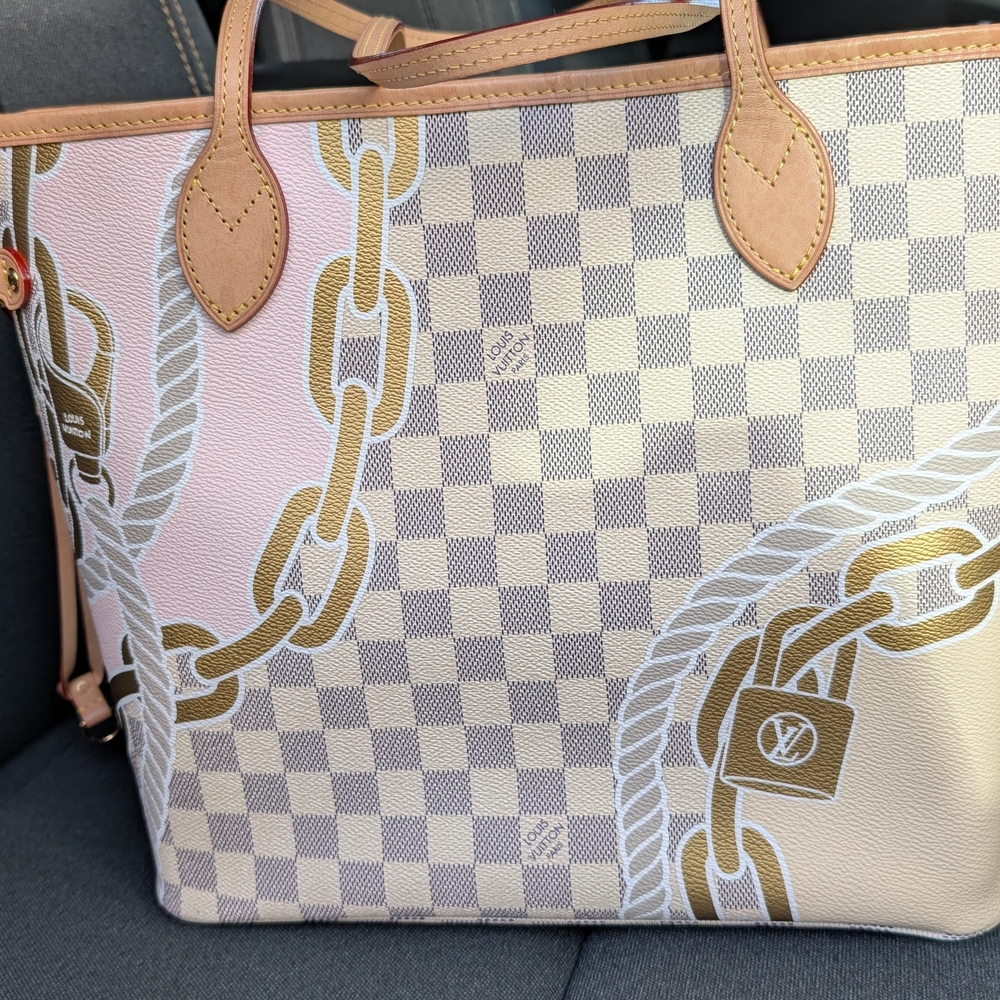 Louis Vuitton Neverfull MM Damier Azure- Nautical Pink and Gold Tote Bag